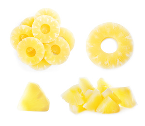 Set of canned pineapple rings and pieces on white background