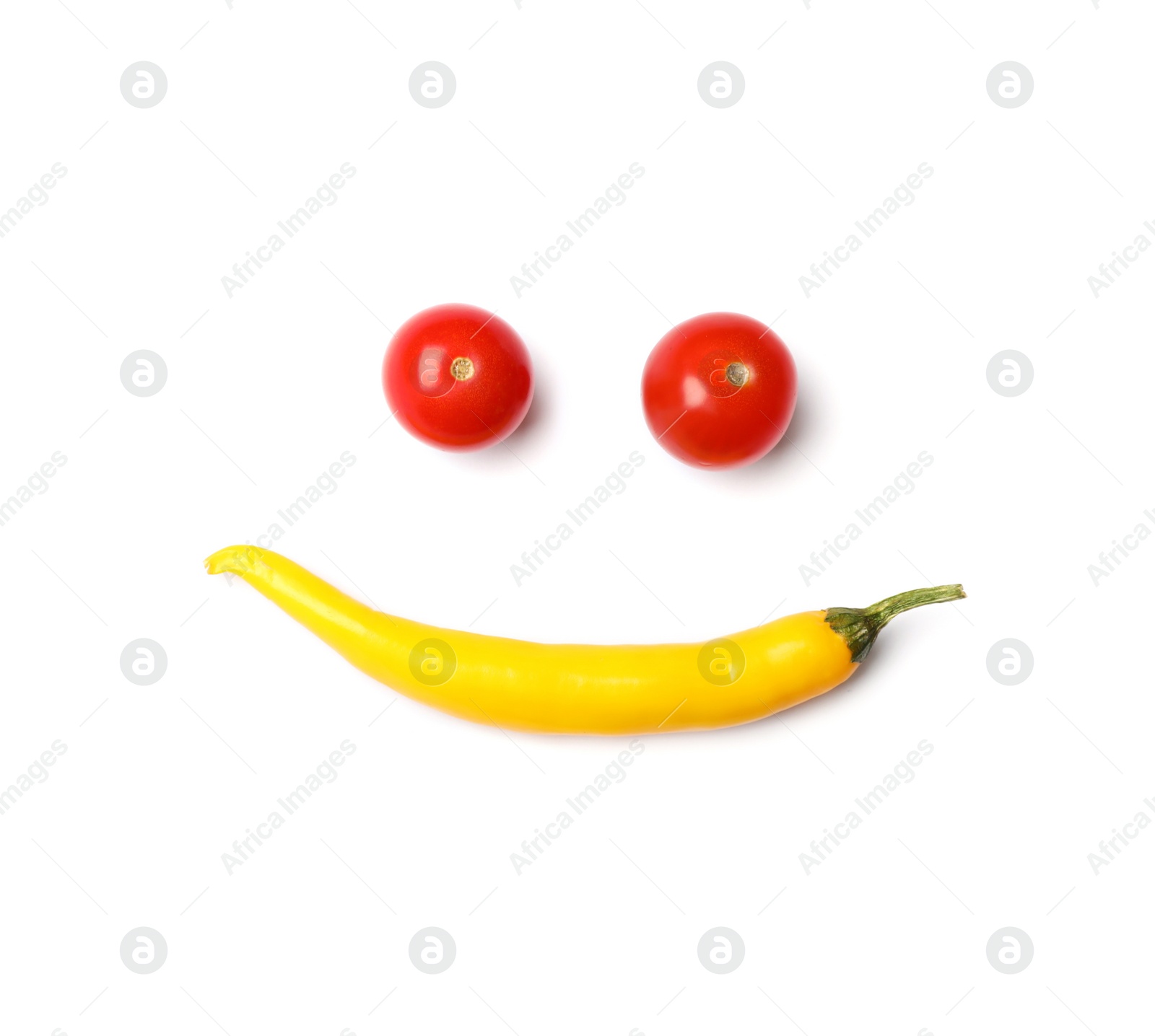 Photo of Funny flat lay composition with cherry tomatoes and chili pepper on white background