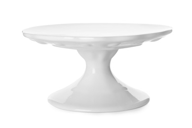 Photo of New cake stand isolated on white. Tableware