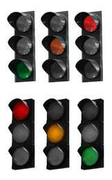 Collage of traffic signals with different glowing lights (red, orange, green) isolated on white