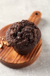 Delicious chocolate muffin on light grey table, closeup