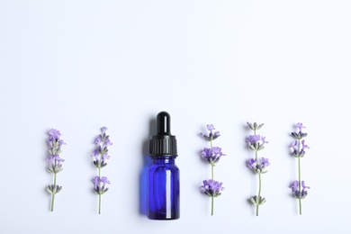 Photo of Bottle of essential oil and lavender flowers on white background, flat lay