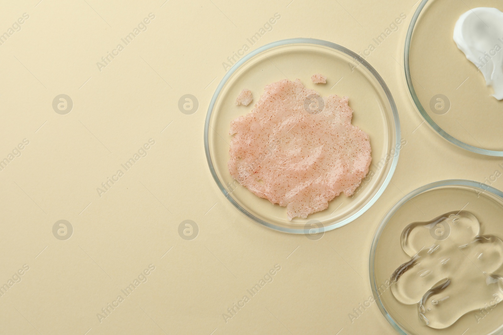 Photo of Many Petri dishes and cosmetic products on beige background, flat lay. Space for text