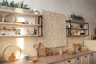 Photo of Kitchen interior with festive decor. Christmas celebration