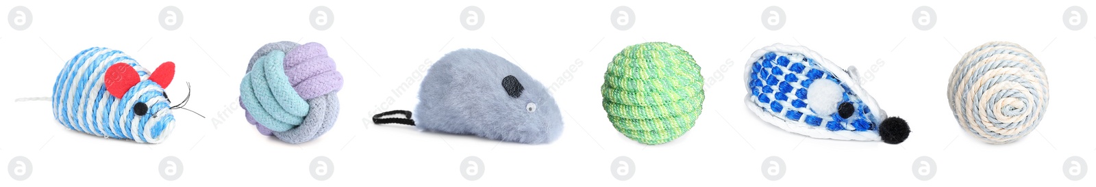 Image of Set with different toys for pet on white background. Banner design