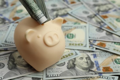 Money exchange. Dollar banknotes and piggy bank, closeup