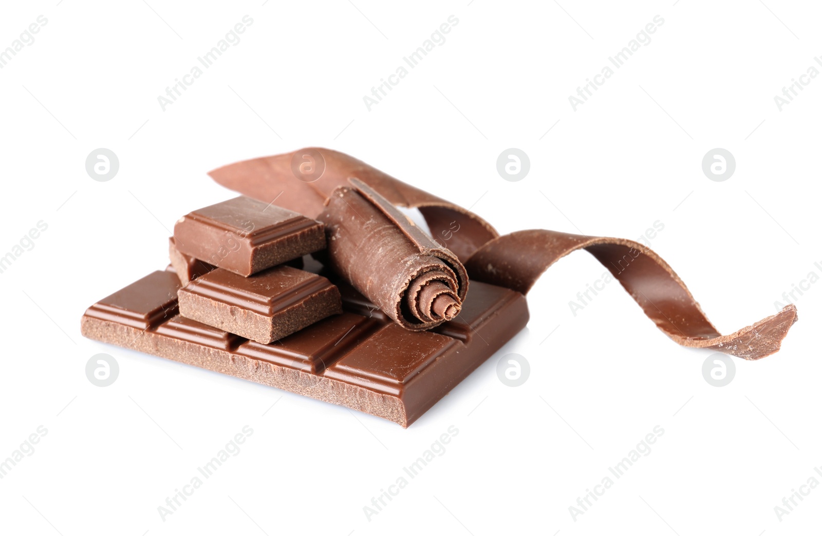 Photo of Chocolate curls and pieces isolated on white