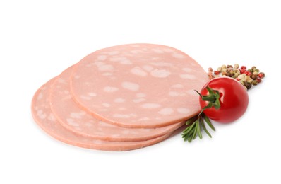 Photo of Slices of delicious boiled sausage with rosemary, tomato and pepper on white background