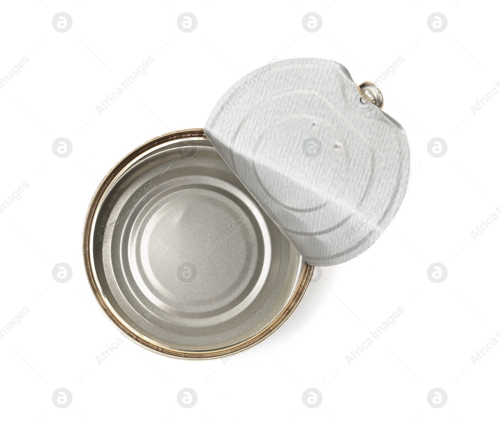 Photo of Empty aluminum can on white background, top view. Metal waste recycling