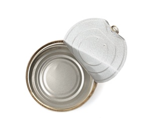 Empty aluminum can on white background, top view. Metal waste recycling