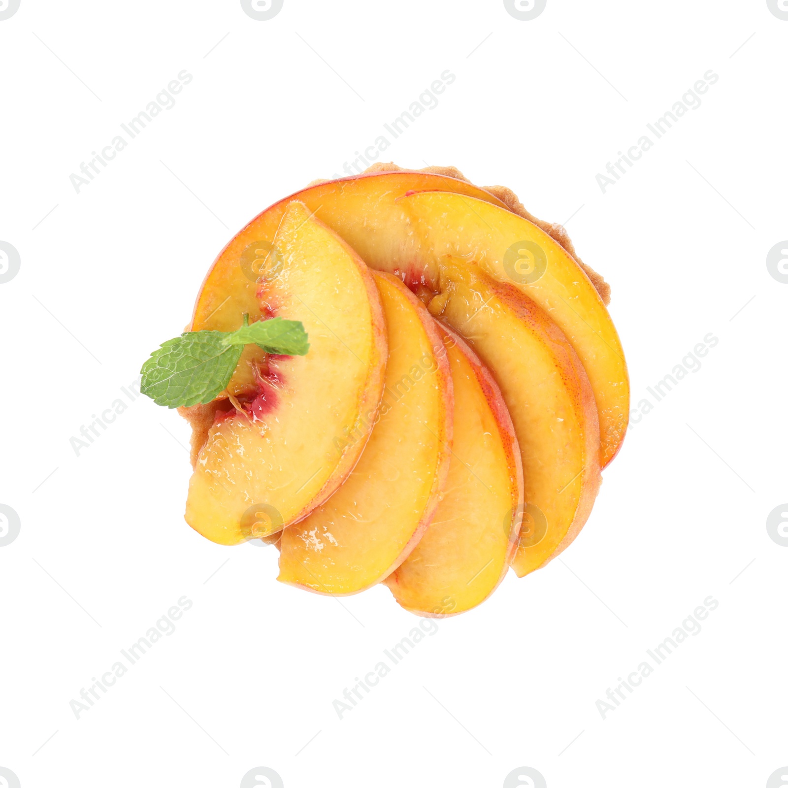 Photo of Delicious dessert with peach slices isolated on white, top view