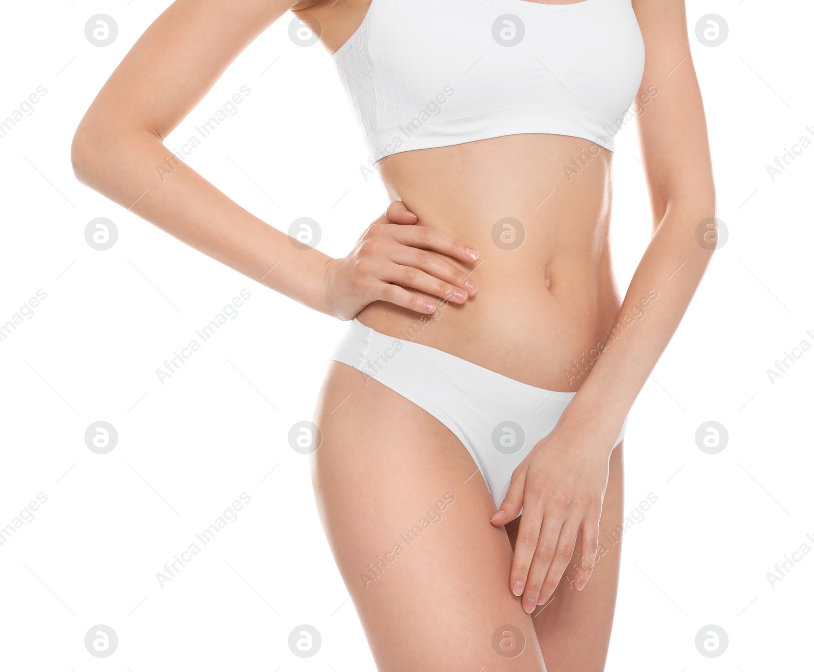 Photo of Slim young woman with smooth gentle skin on white background. Beauty and body care concept