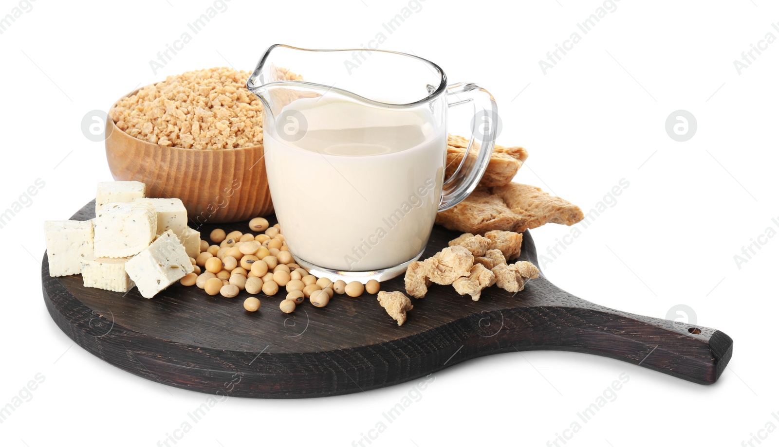 Photo of Different natural soy products on white background