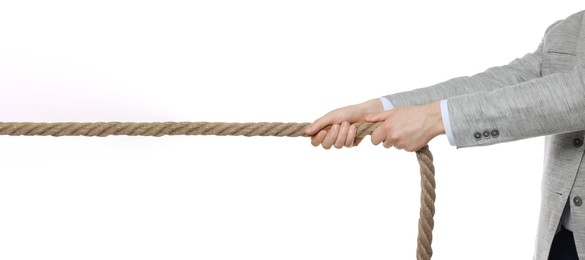 Photo of Dispute concept. Businessman pulling rope on white background, closeup