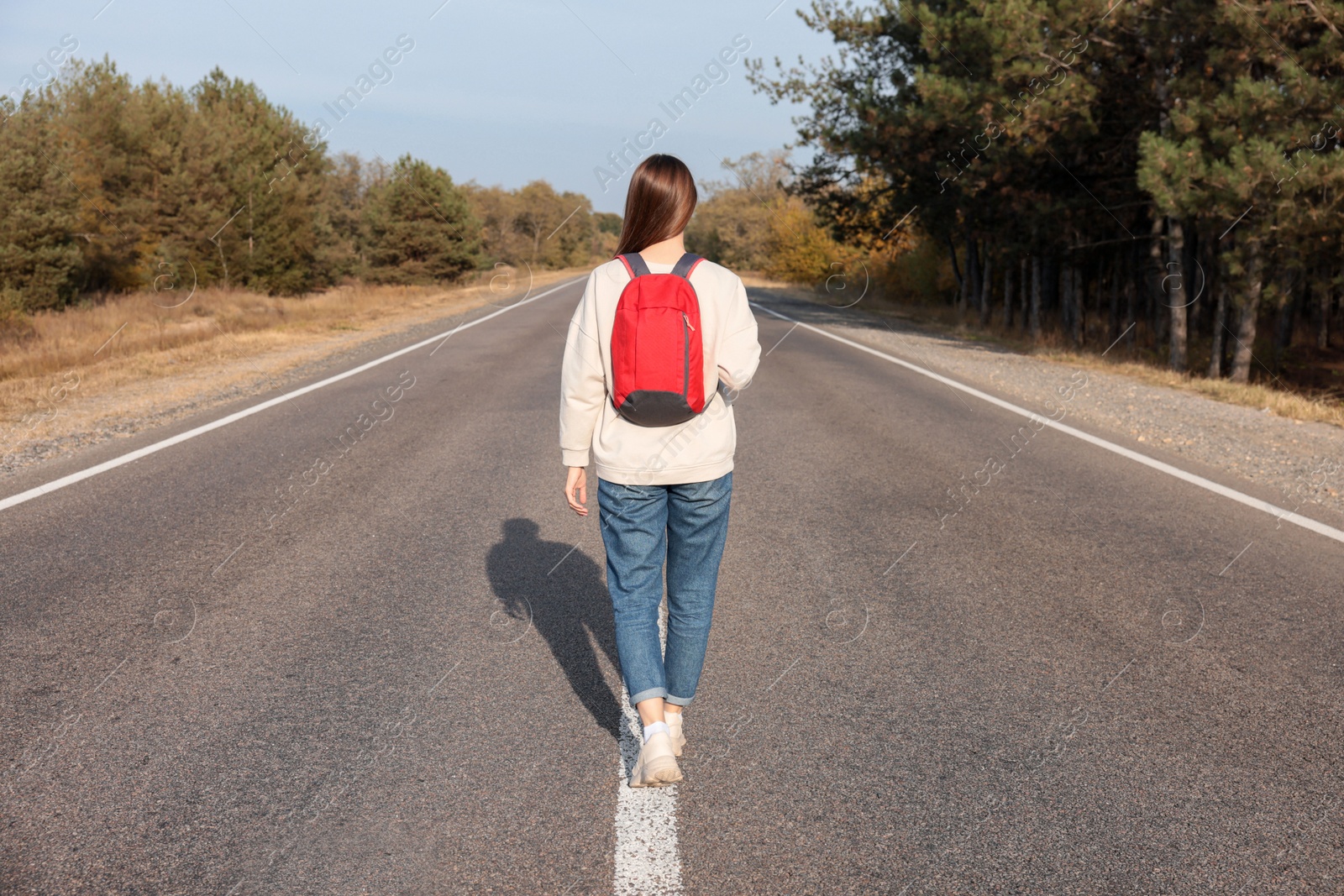 Photo of Young woman with backpack going along road near forest, back view