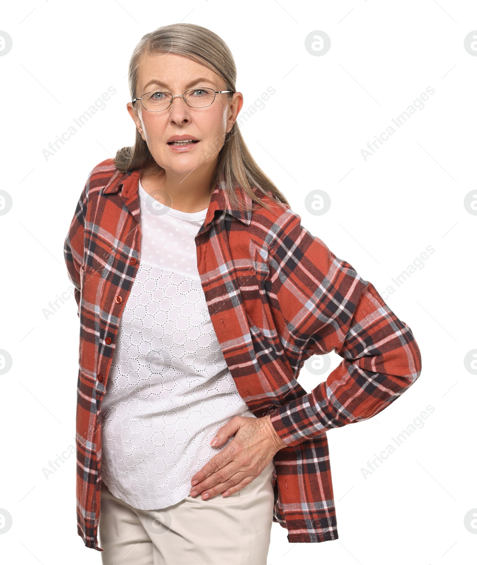 Photo of Arthritis symptoms. Woman suffering from hip joint pain on white background