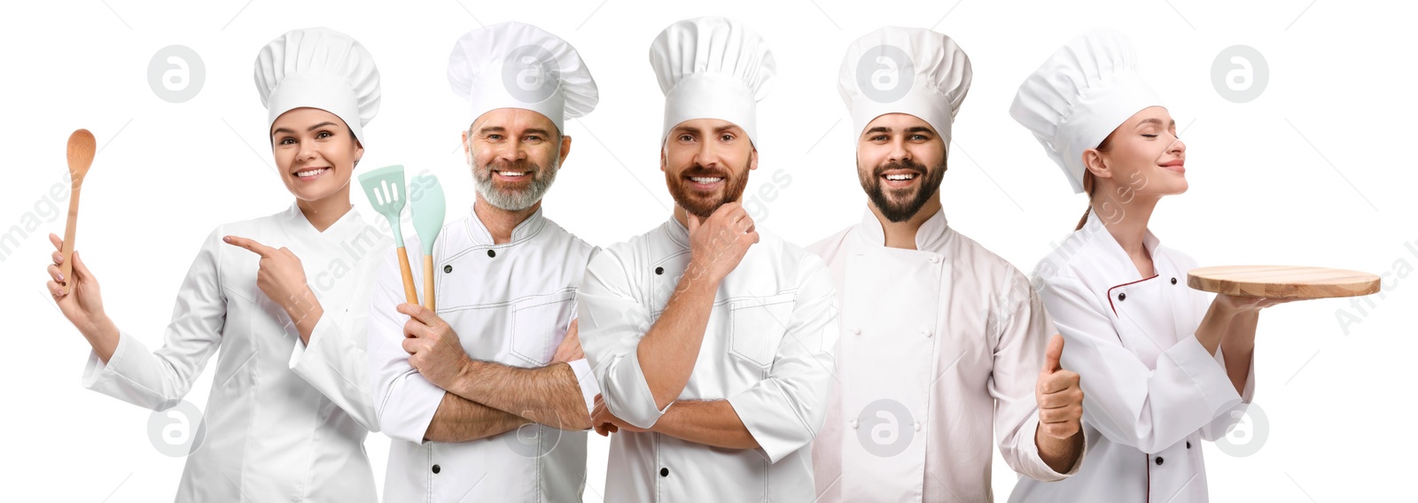 Image of Chefs in uniforms on white background, set with photos