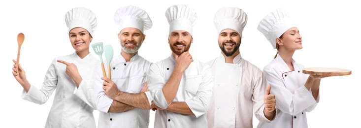 Image of Chefs in uniforms on white background, set with photos