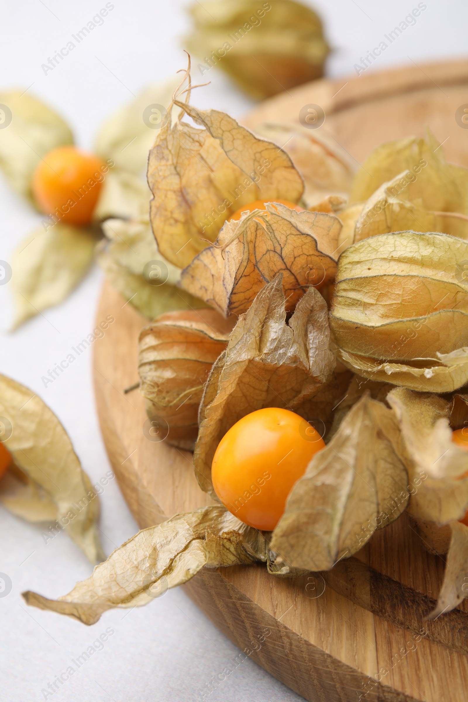 Photo of Ripe physalis fruits with calyxes on white table, closeup