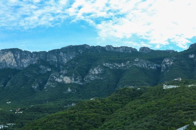 Photo of Picturesque view of mountain landscape covered with green forest