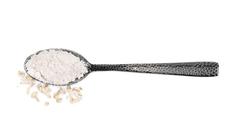 Photo of Spoon of oatmeal flour and flakes on white background, top view