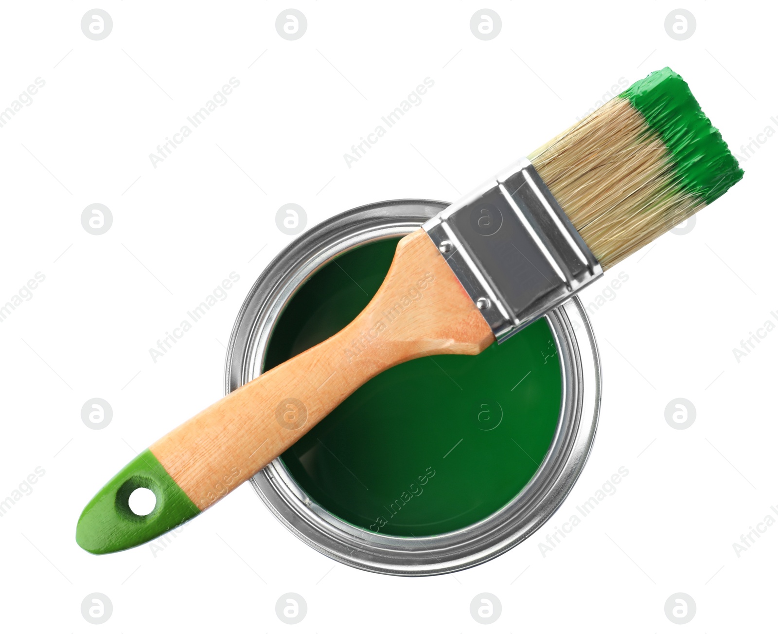 Photo of Paint can and brush on white background, top view