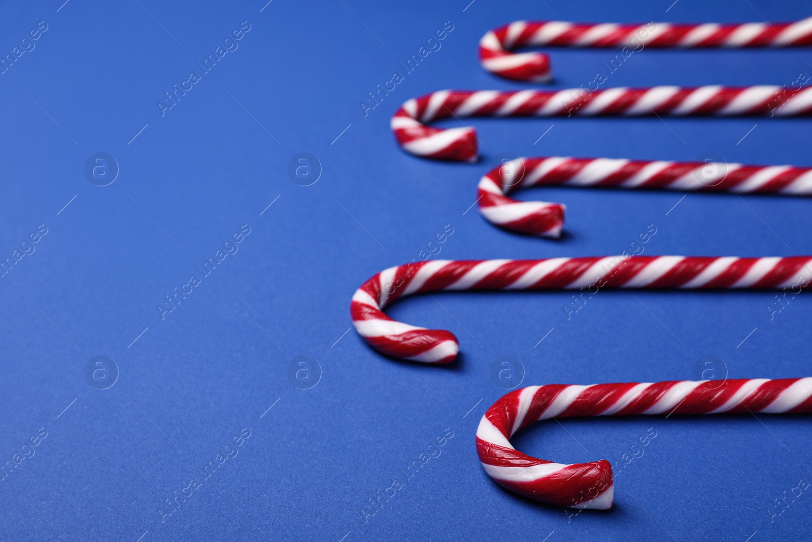 Photo of Many sweet Christmas candy canes on blue background. Space for text