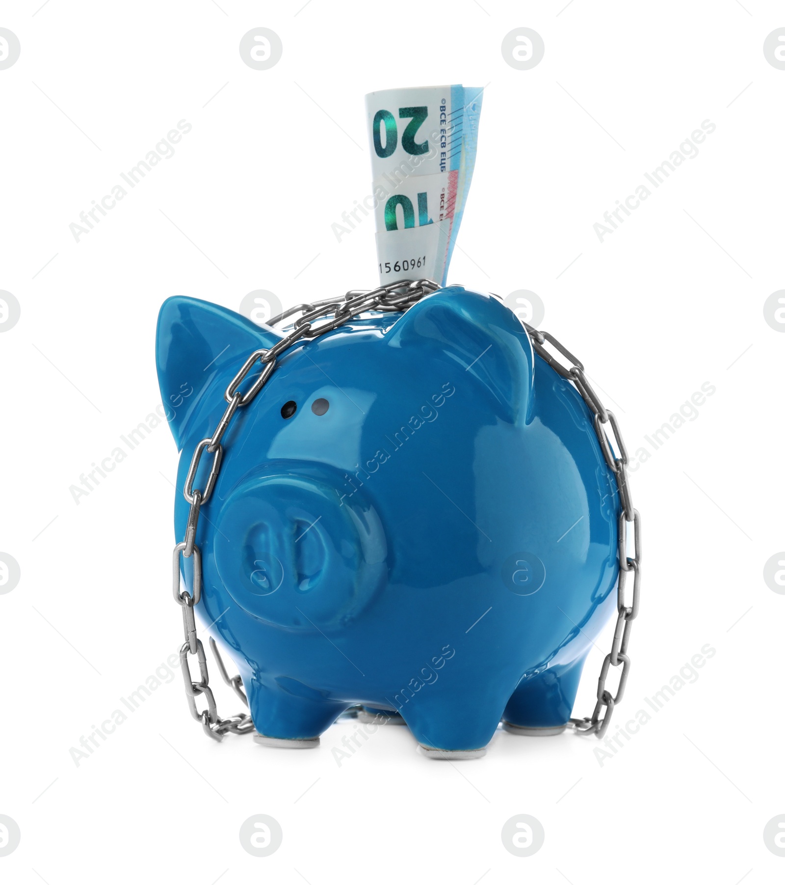 Photo of Piggy bank with steel chain and banknotes isolated on white. Money safety concept