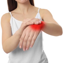 Woman suffering from rheumatism on white background, closeup