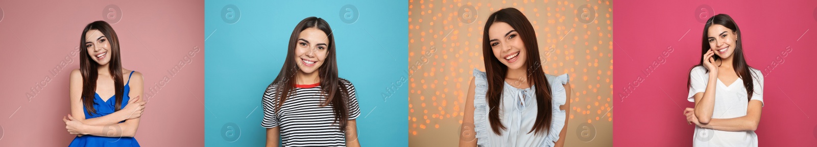 Image of Collage with portraits of happy woman on different color backgrounds