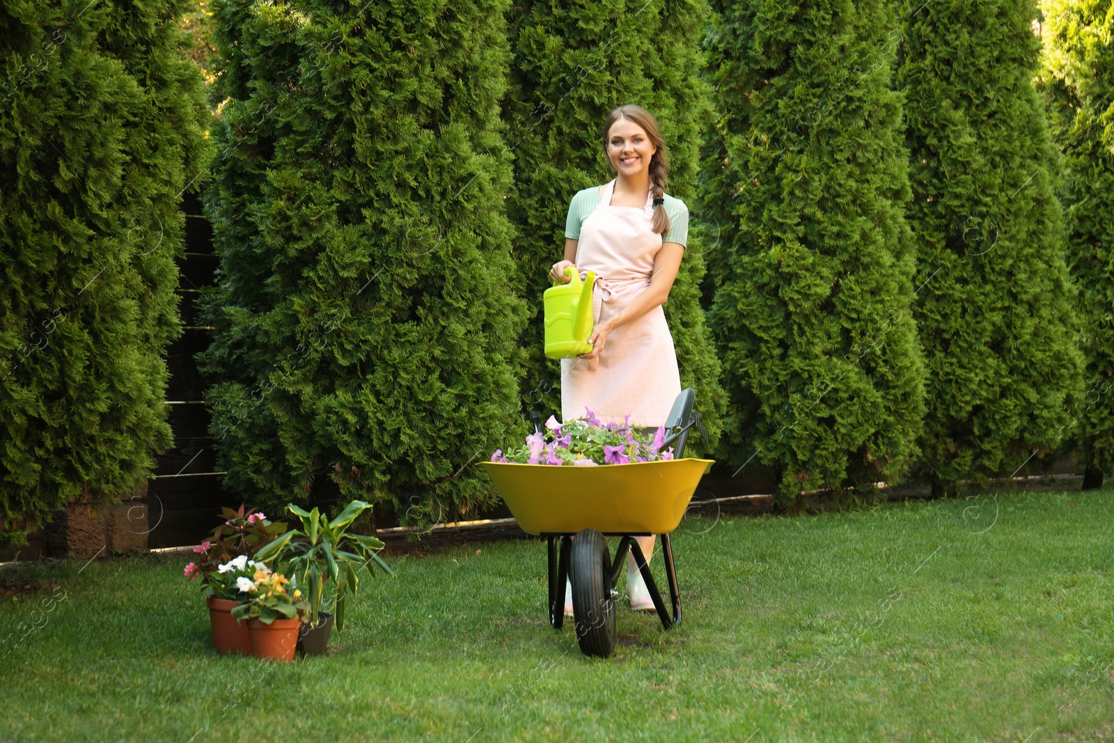 Photo of Happy young woman watering plants in garden