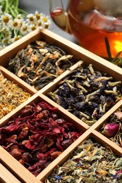 Photo of Different dry teas in wooden box, closeup