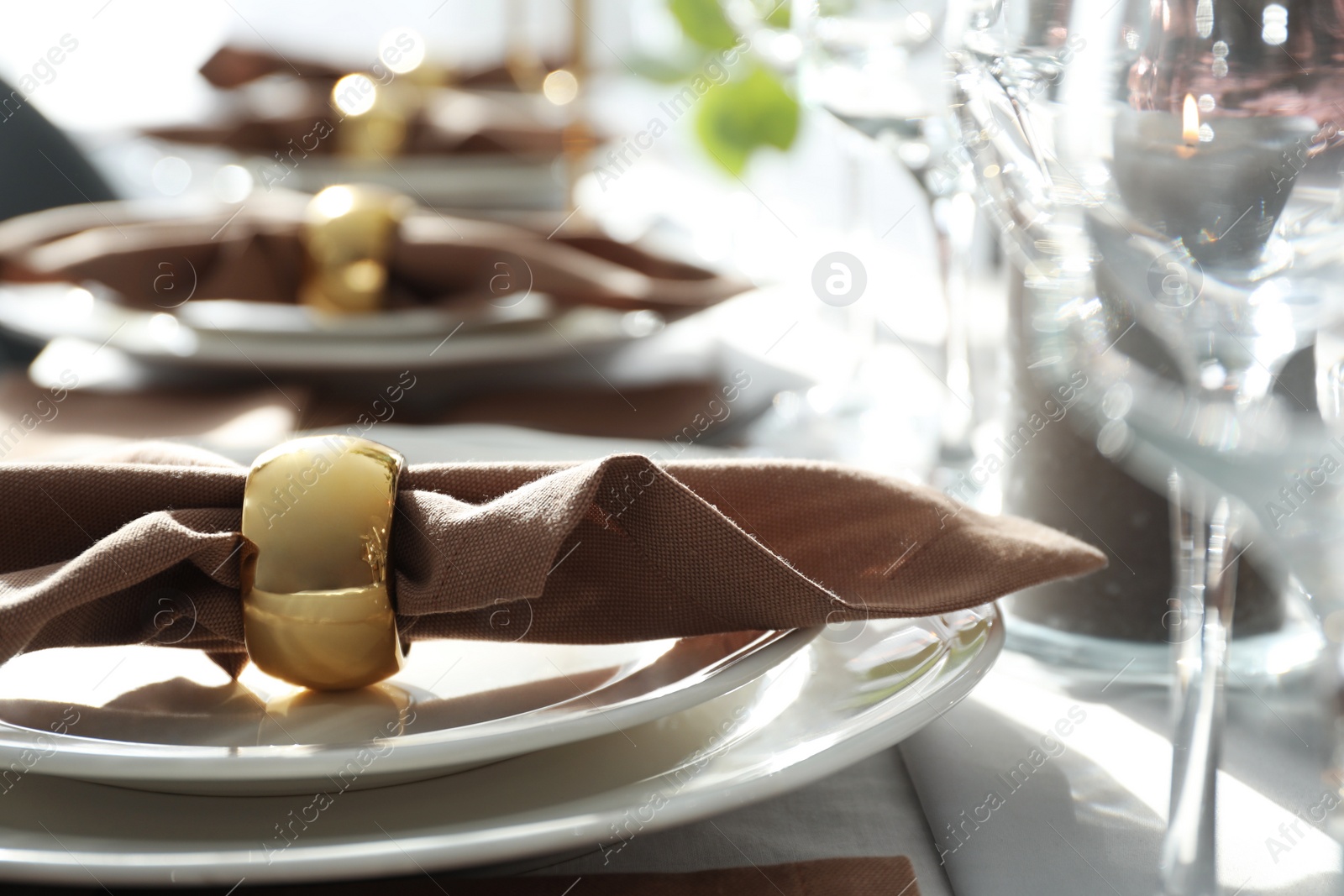 Photo of Festive table setting with beautiful decor, closeup