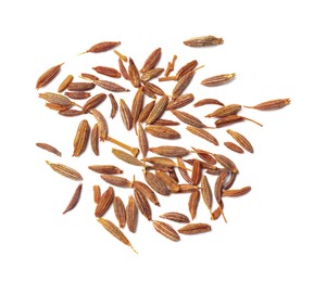 Photo of Heap of aromatic caraway (Persian cumin) seeds isolated on white, top view