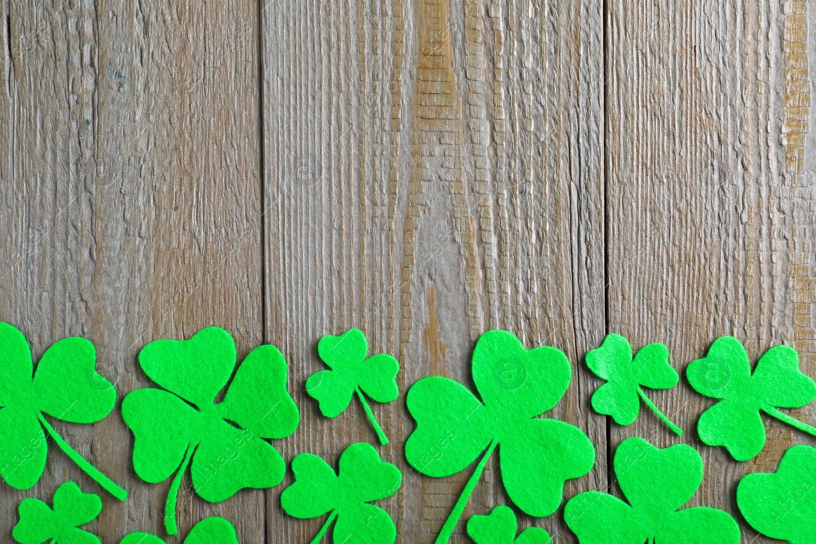 Photo of Flat lay composition with clover leaves on wooden table, space for text. St. Patrick's Day celebration