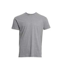 Photo of Mannequin with gray men's t-shirt isolated on white. Mockup for design