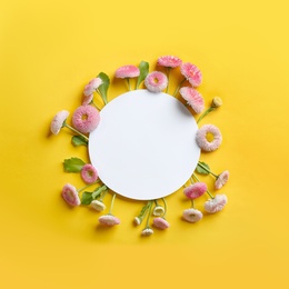 Photo of Flat lay composition with spring daisy flowers and card on color background. Space for text