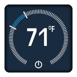 Thermostat showing ambient temperature in Fahrenheit scale. Device display on white background