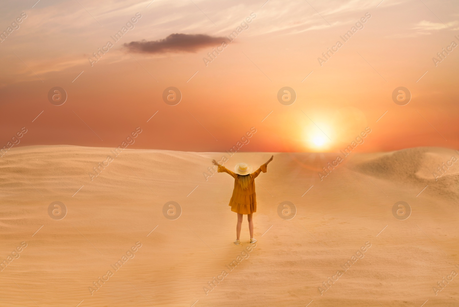 Image of Woman in sandy desert at sunset, back view