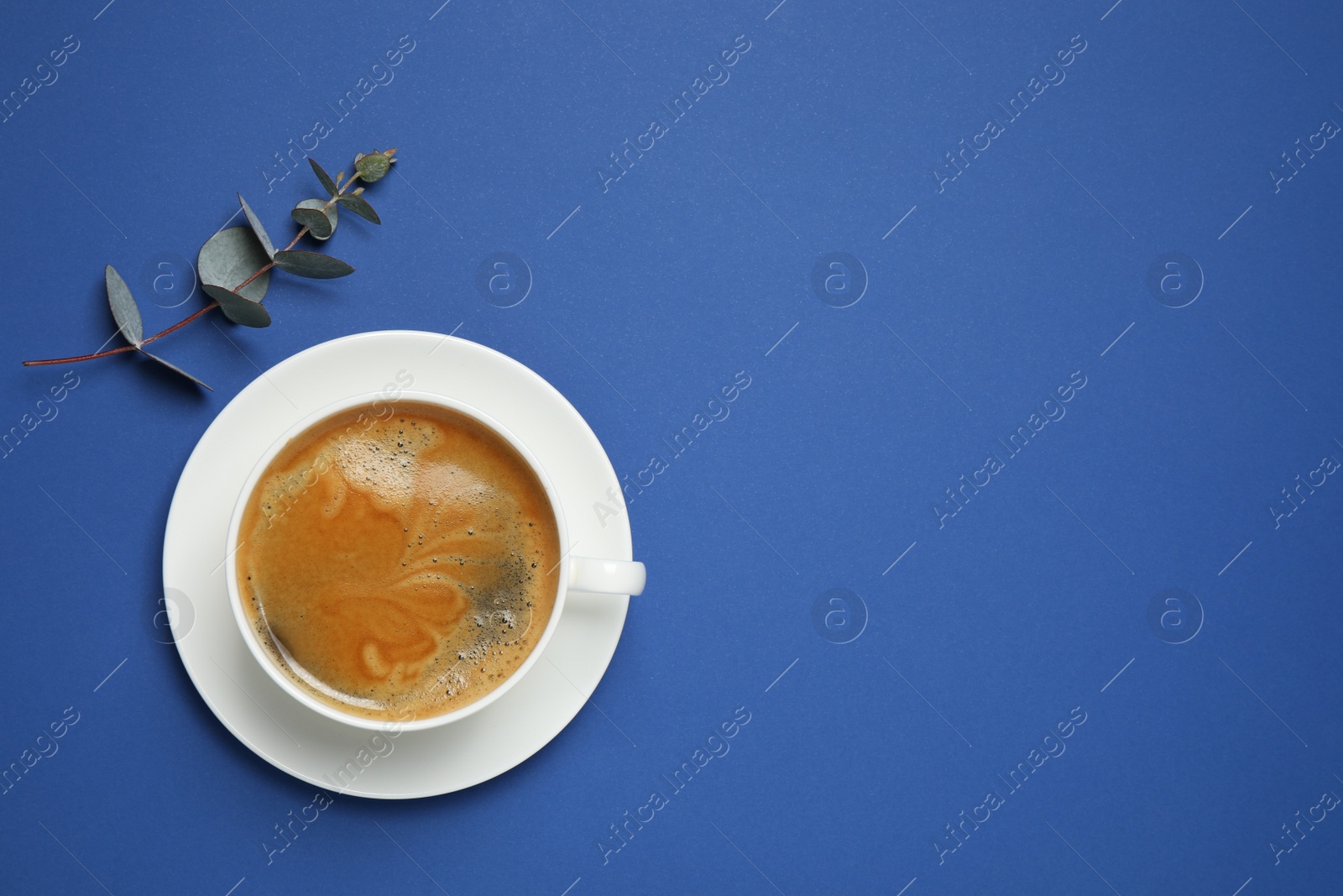 Photo of Classic black coffee and eucalyptus on blue background, top view with space for text. Color of the year 2020