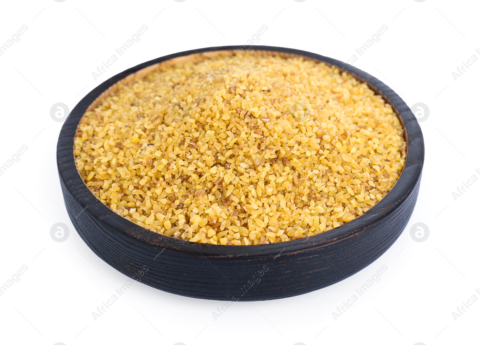 Photo of Bowl with uncooked bulgur isolated on white