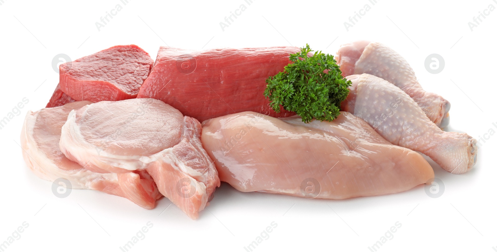 Photo of Various raw meats with parsley on white background