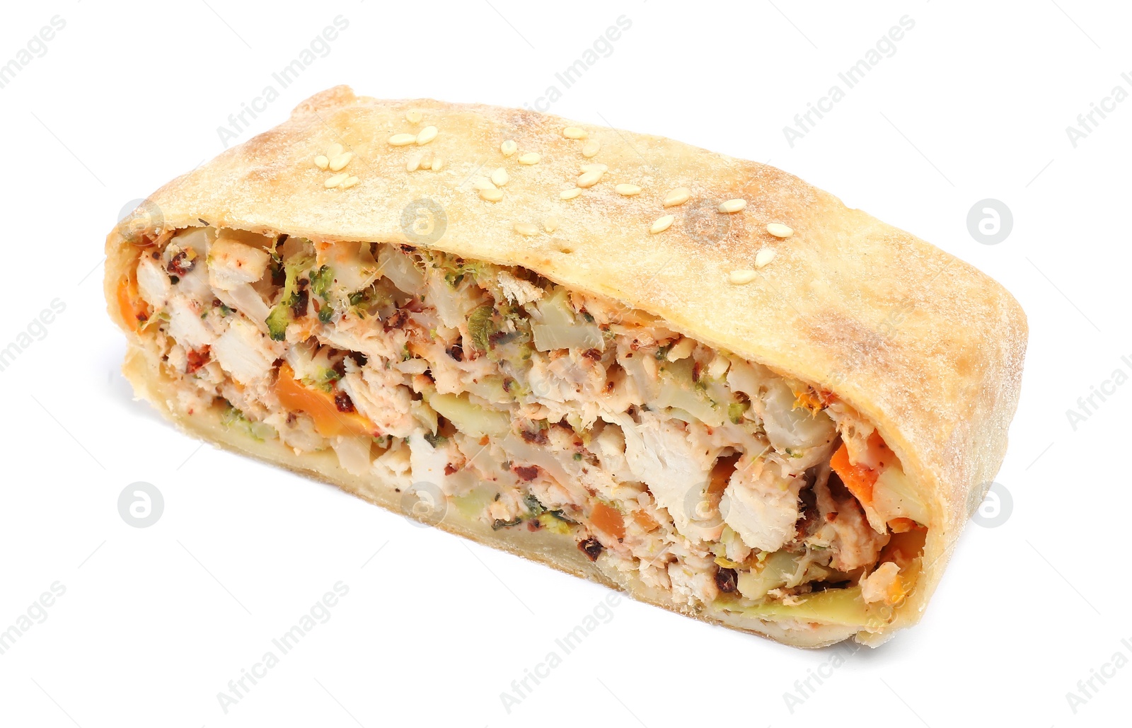 Photo of Piece of delicious strudel with chicken and vegetables isolated on white