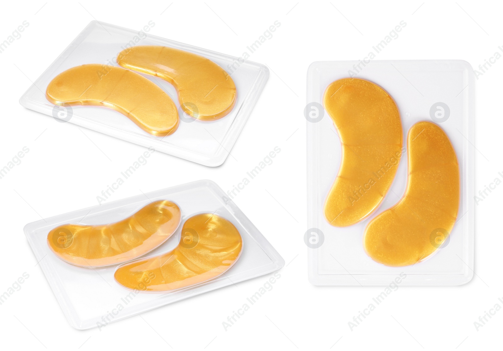 Image of Packages with under eye patches on white background, collage 