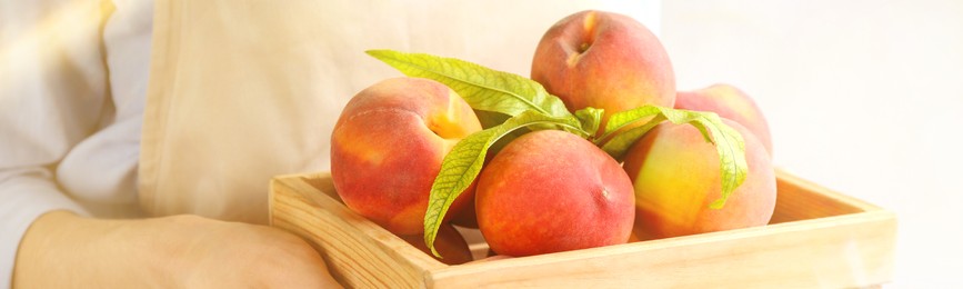 Image of Woman holding wooden crate with fresh ripe peaches, closeup. Banner design