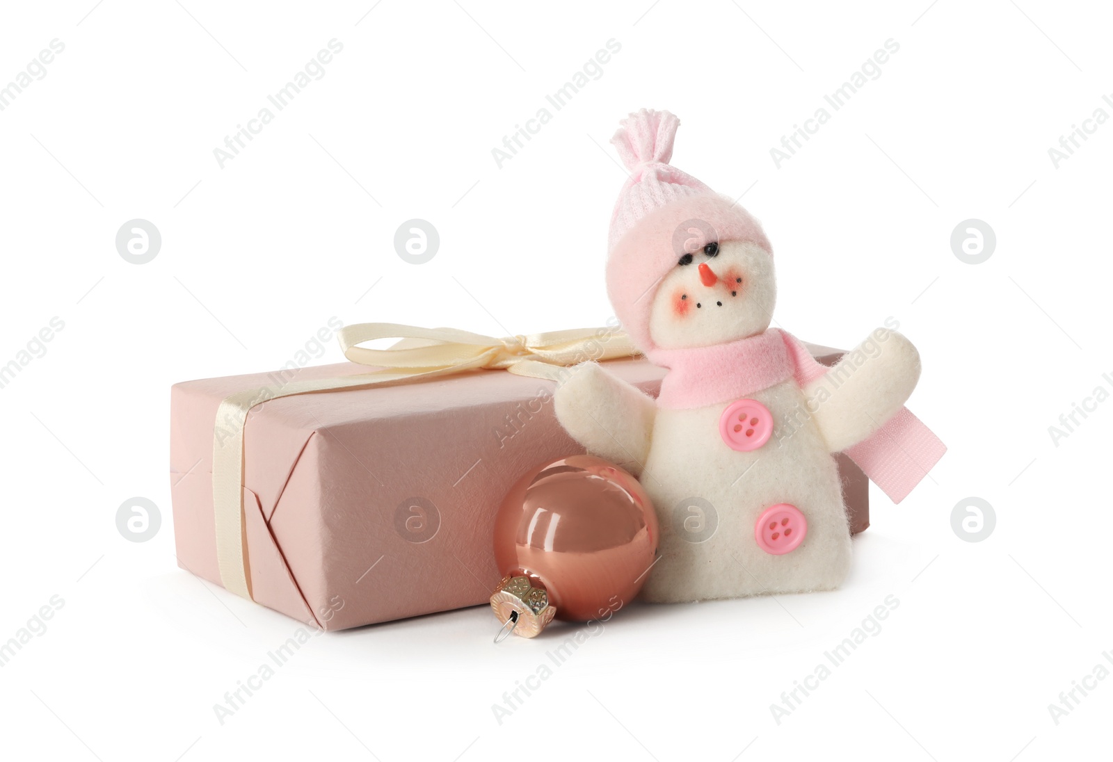 Photo of Cute snowman and Christmas decoration on white background