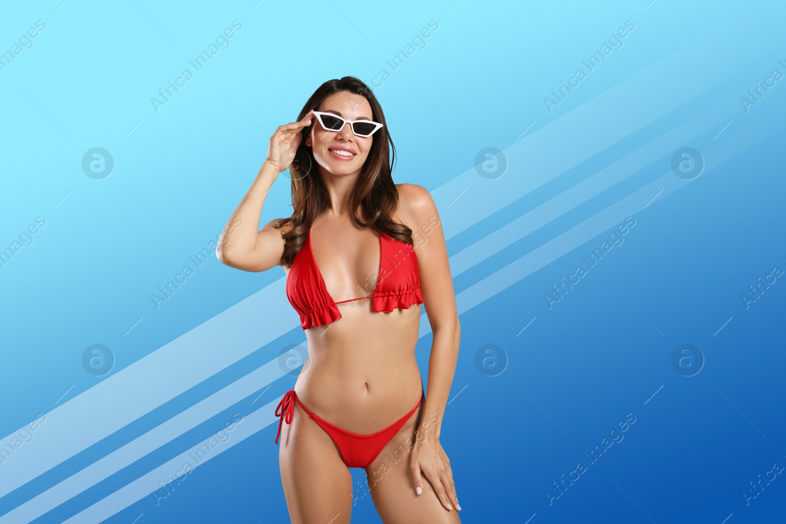 Image of Pretty woman in swimsuit on light blue background, stylish design. Summer season