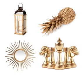 Image of Set of different items in gold color on white background