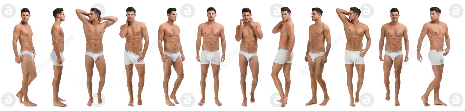 Image of Collage of man in underwear on white background. Banner design 