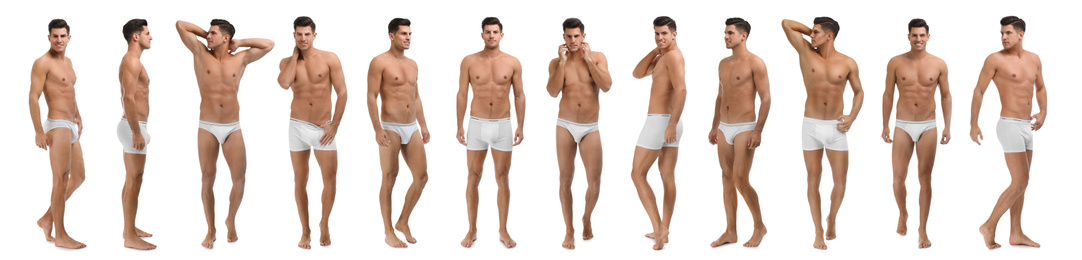 Collage of man in underwear on white background. Banner design 